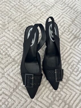 Black Pointed Slingback Heels with Buckle